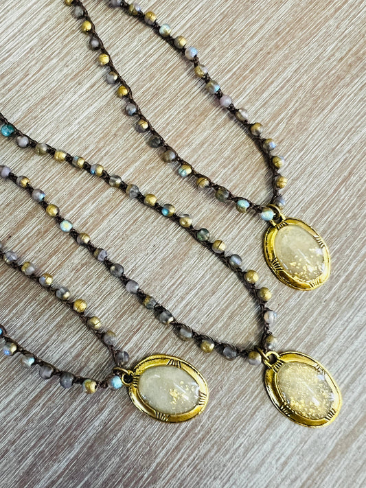 Golden Cream Seashell Portal Pendant Crocheted Necklace 