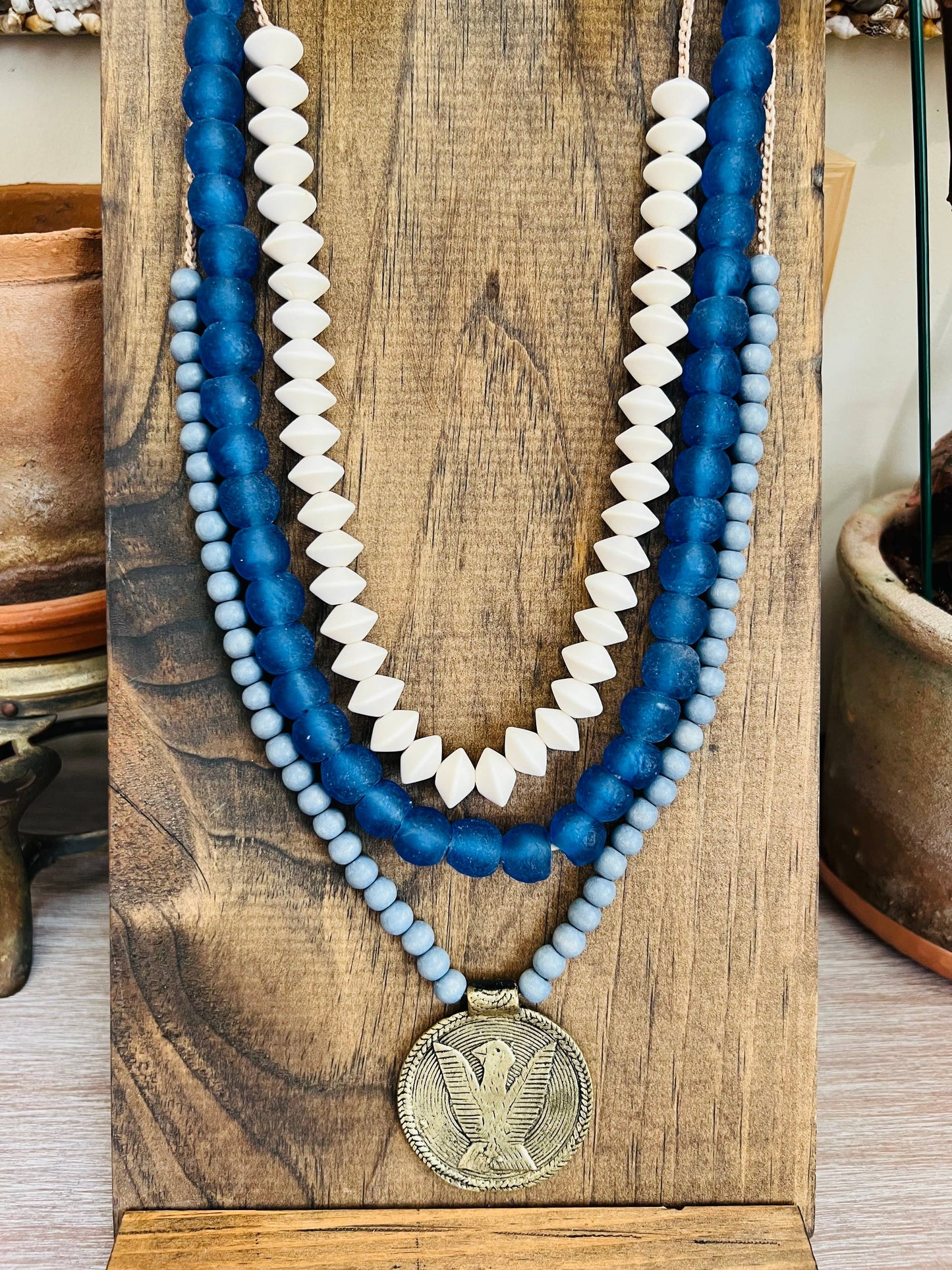 Cobalt And Denim Blue Sea Glass And Wood Beach Necklace Set