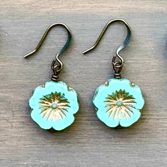 Golden Aqua Pressed Glass Flower Earrings