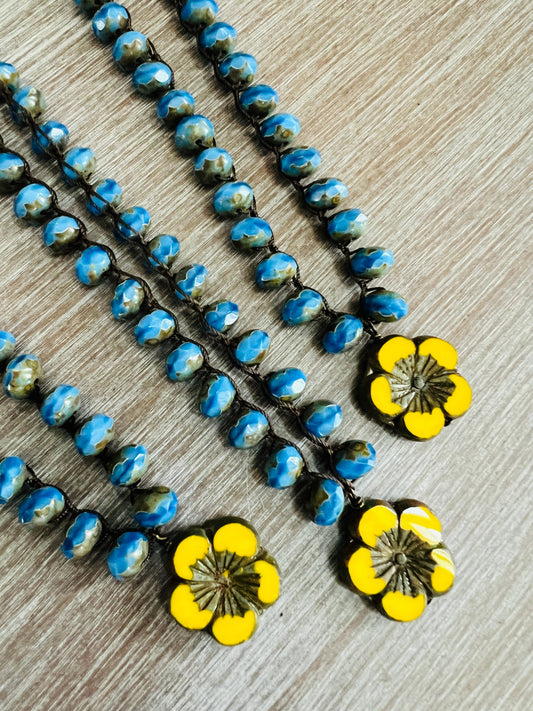 Sunshine Yellow Flower Necklace & Cornflower Cottage Blue