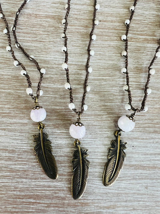 Feather Drop Necklace, Pink Opal and Czech Crystal Strand