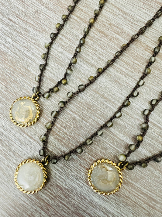 Oyster Shell Portal Pendant And Crocheted Crystal Strand