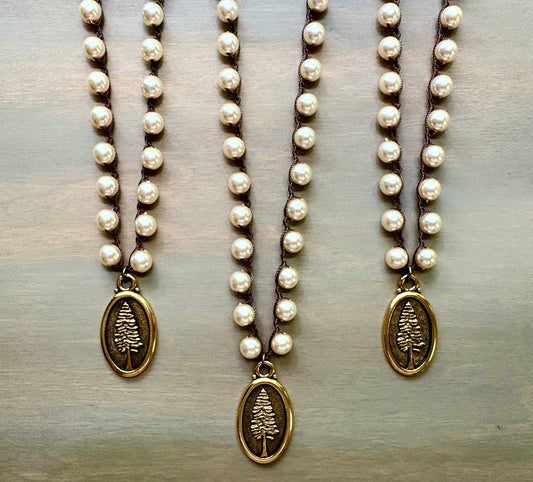 Not All Who Wander Reversible Tree Pendant on Glass Pearls