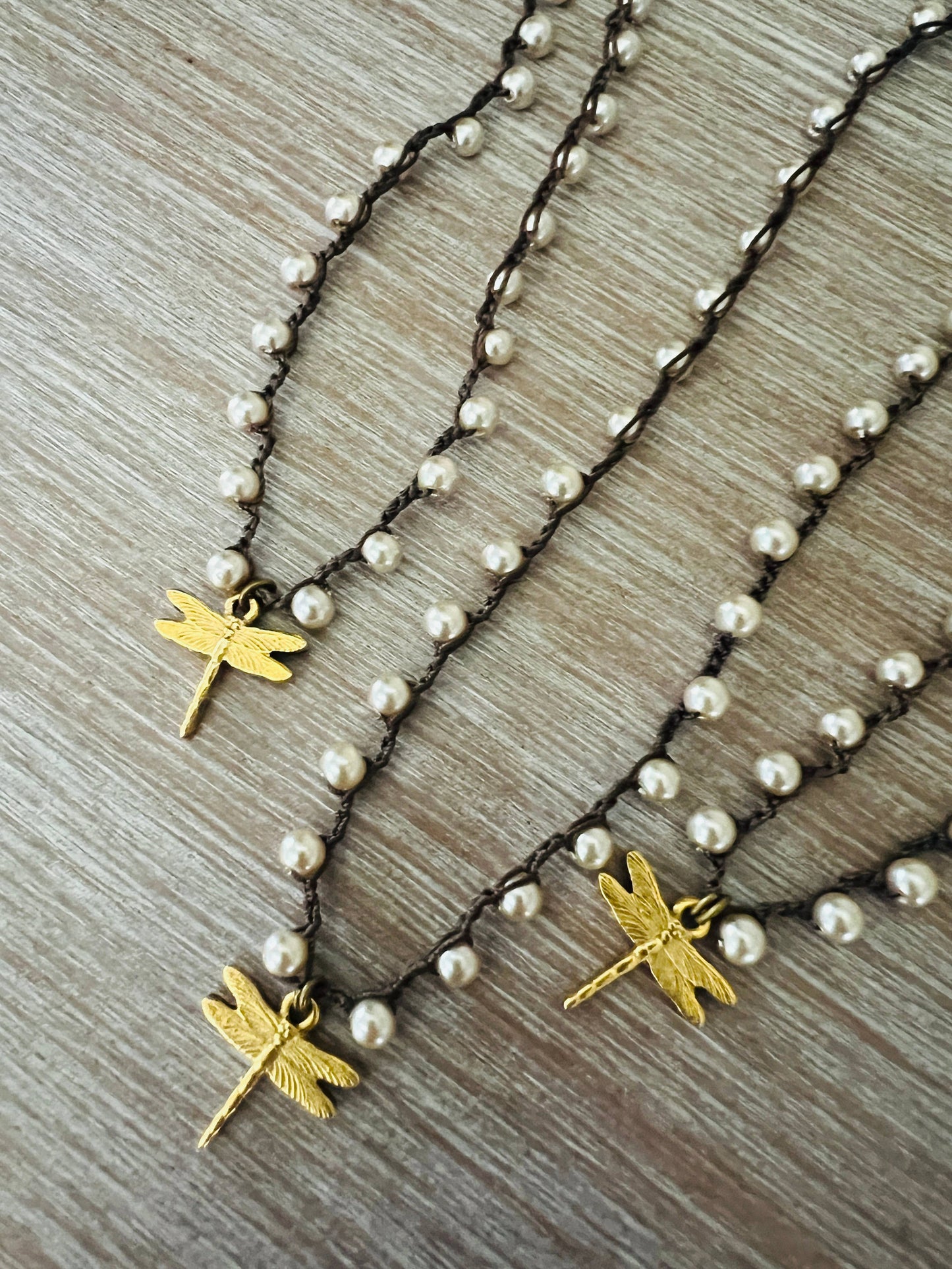 Golden Dragonfly, Glass Pearl Handmade Crocheted Necklace