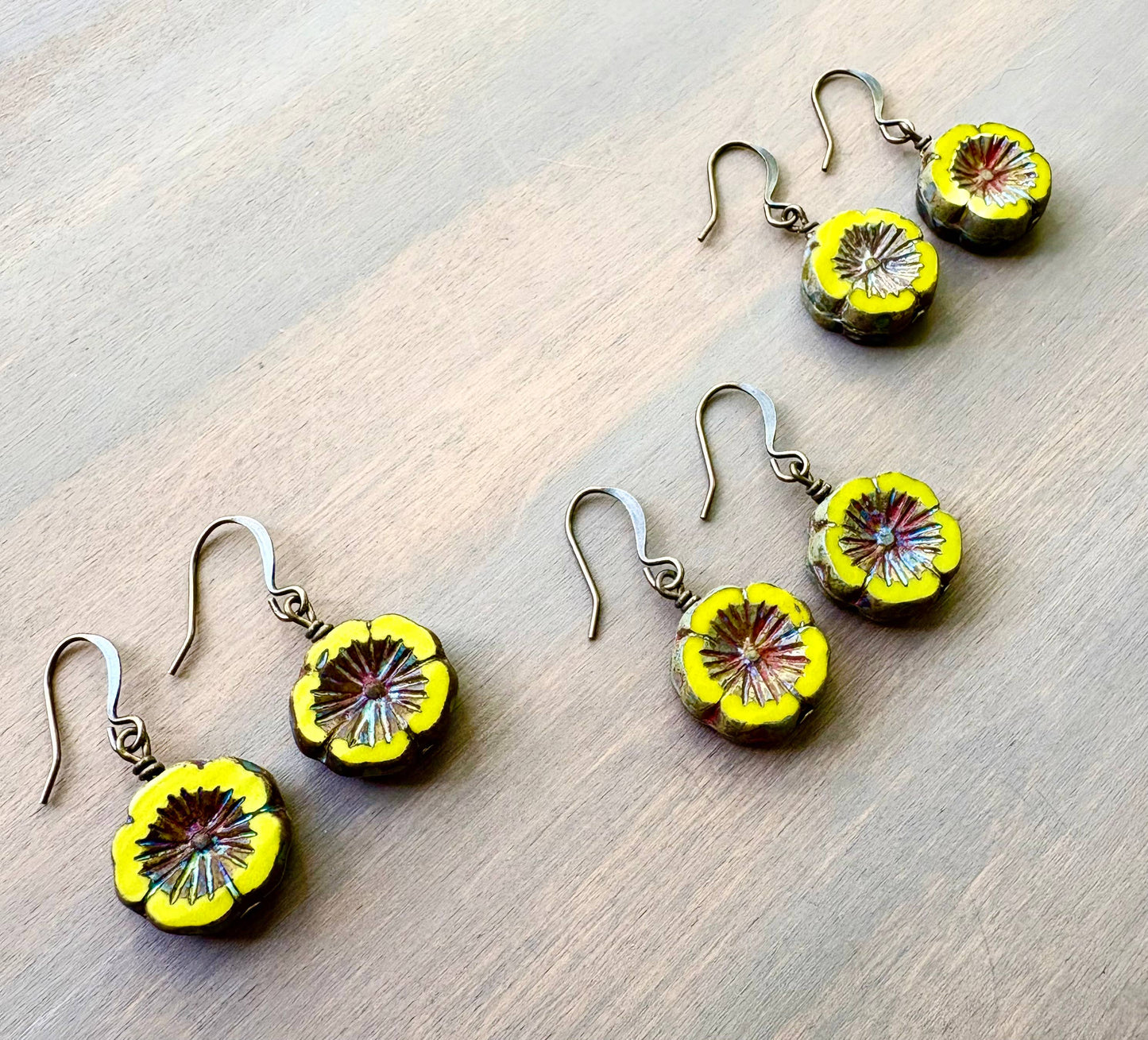 Sunshine Yellow Pressed Glass Flower Earrings