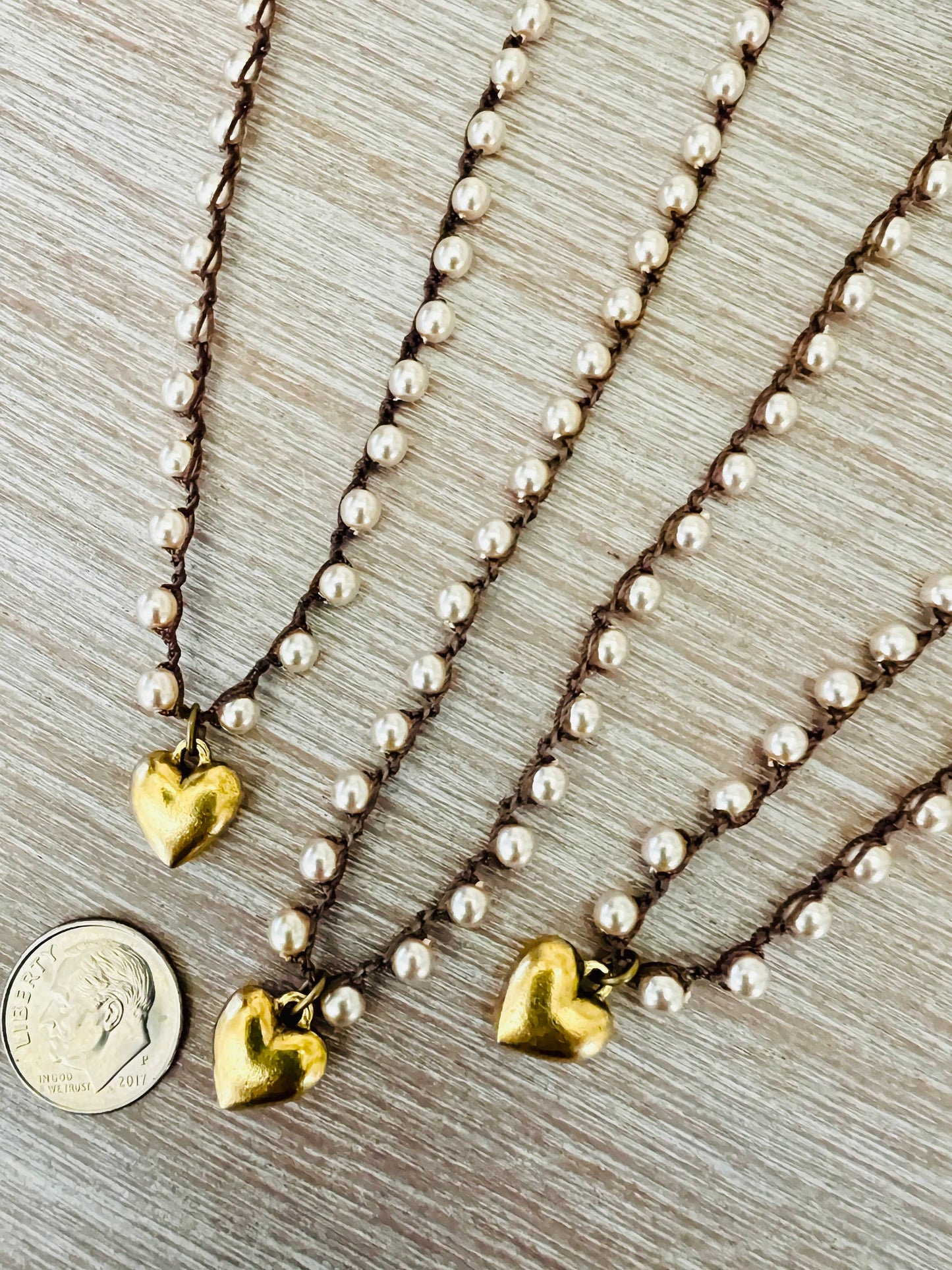 Classic Glass Pearl Necklace with Small Golden Heart Charm