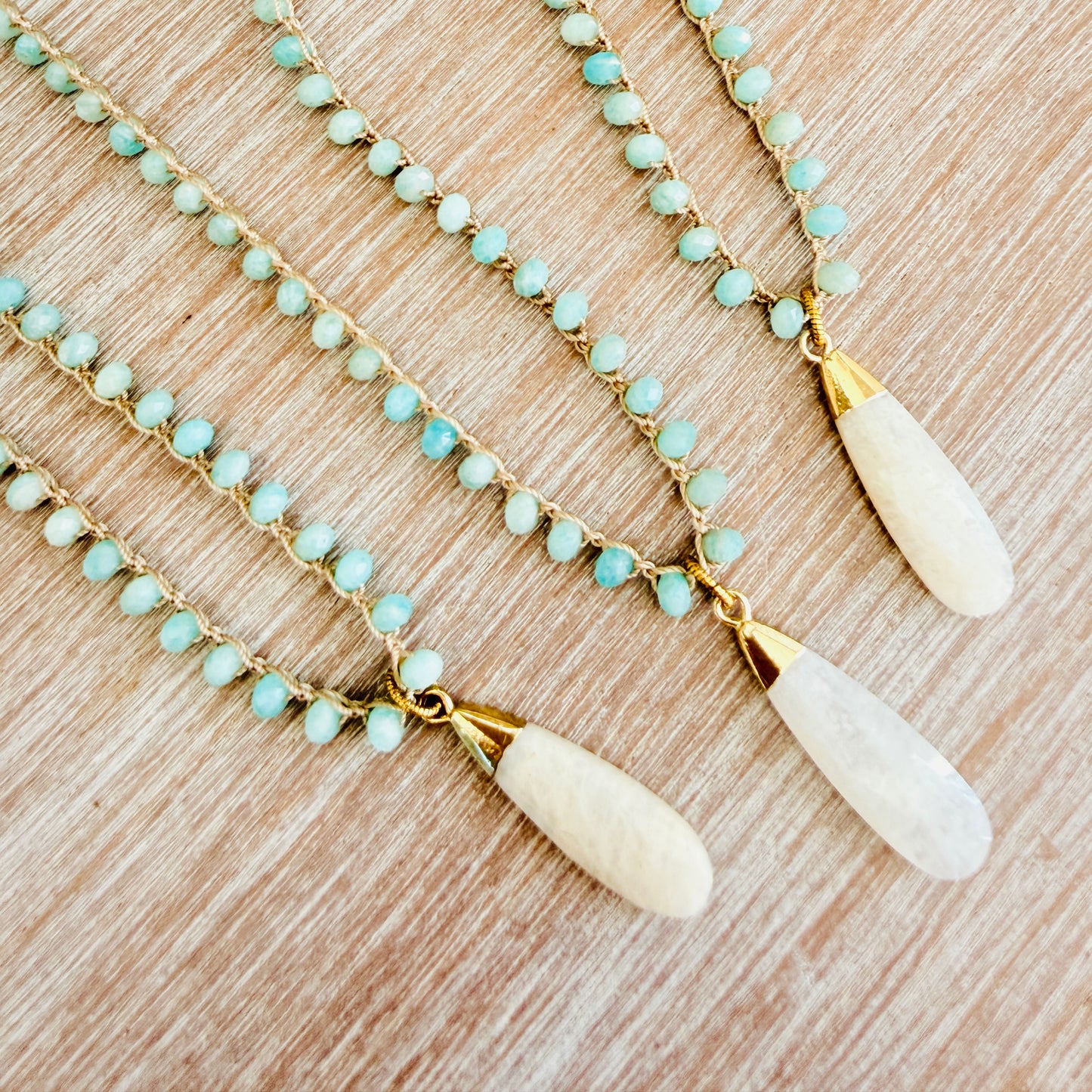 Coastal Moonstone Beach Necklace With And Crocheted Amazonite
