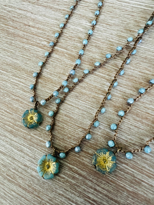 Dainty Denim Flower Necklace With Crocheted Czech Crystal