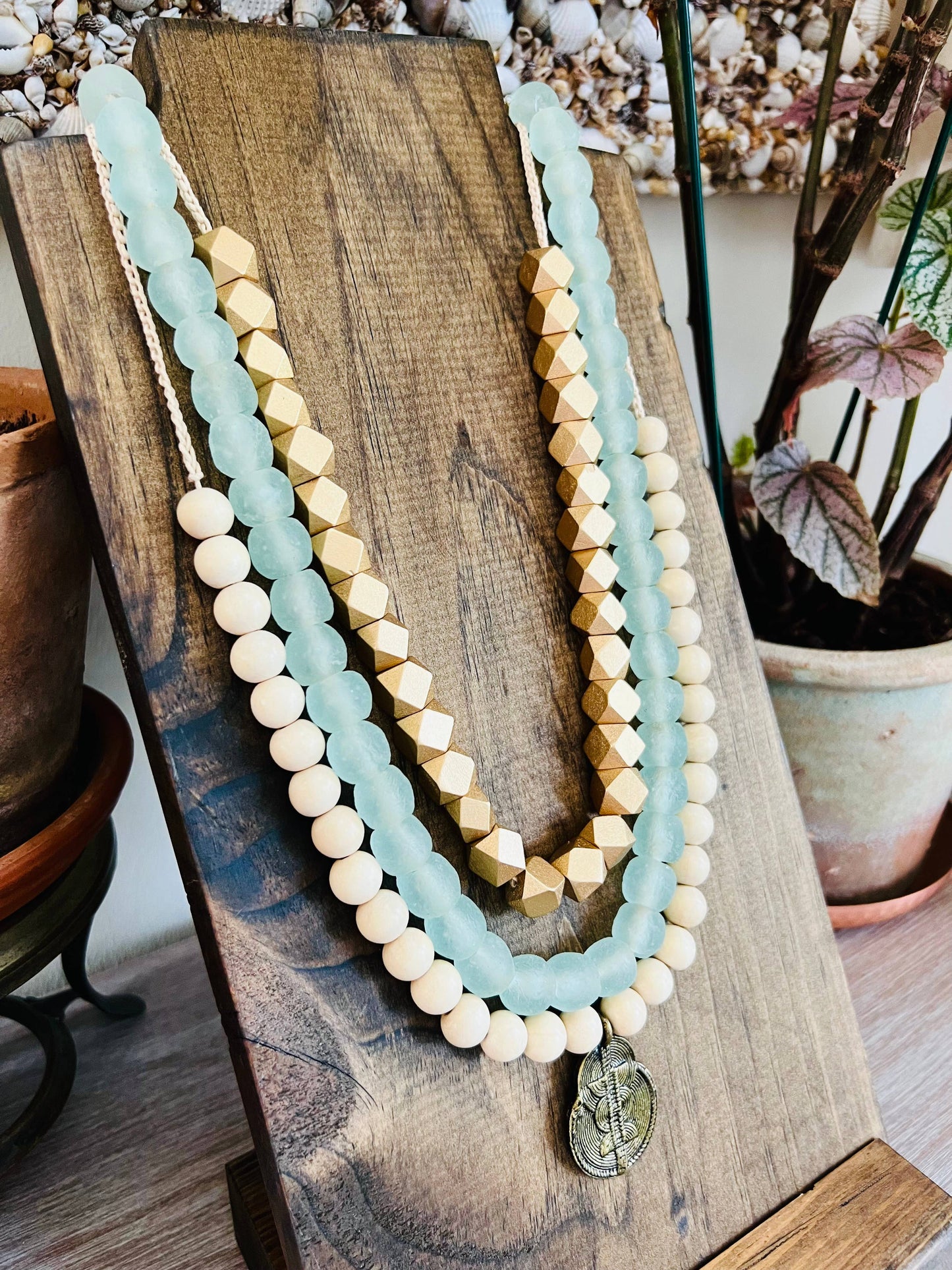 Sea Glass And Wood Golden Beach Goddess Layered Necklaces