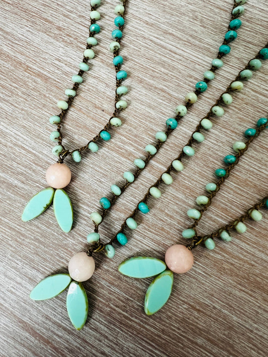 Orange Blossom And Aqua Retro Flower Pendant Necklace