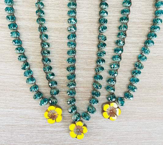 Sunshine Yellow Glass Flower & Teal Earthen Beauty Necklace