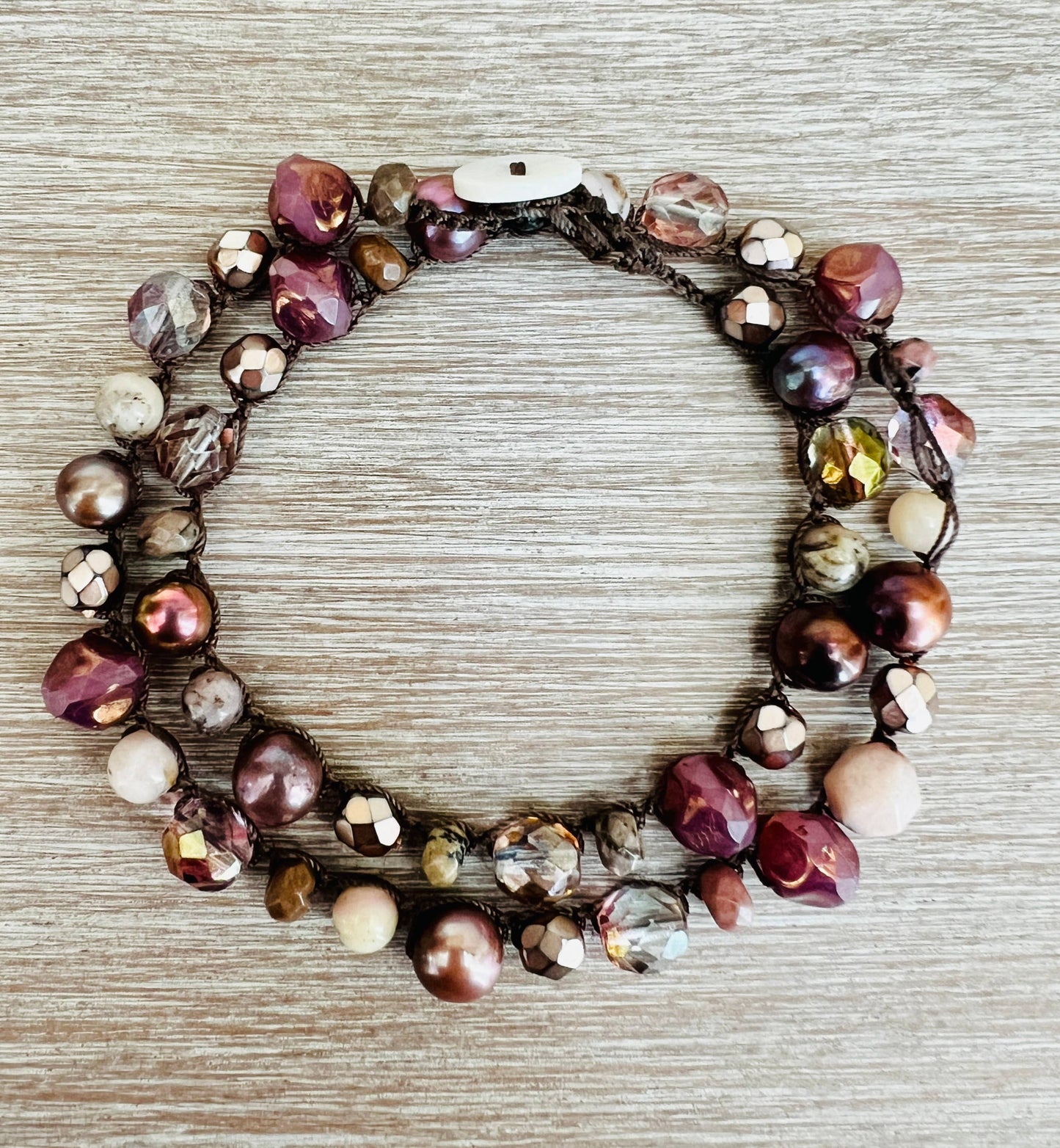 Antique Rose Crocheted Necklace With Stones And Pearls