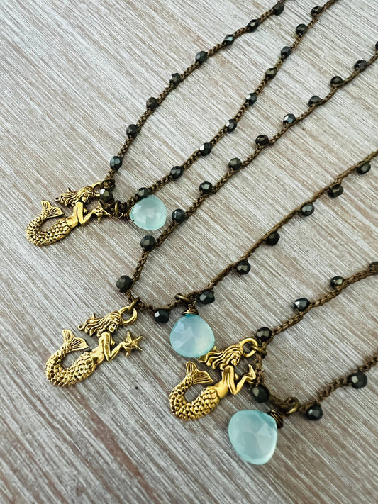 Starry Night Mermaid Beach Necklace And Chalcedony Drop