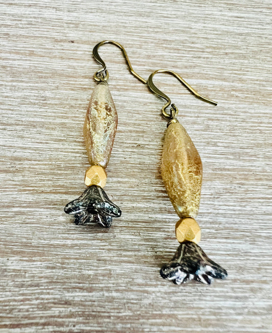 French Style Golden Parasol Earrings, Three Vintage Colors