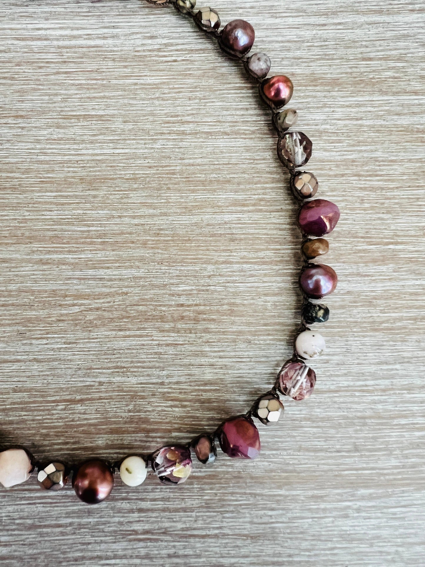 Antique Rose Crocheted Necklace With Stones And Pearls