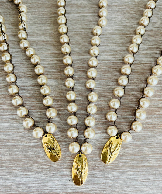 Classic Glass Pearl Necklace And Handmade Marsh Flower Charm