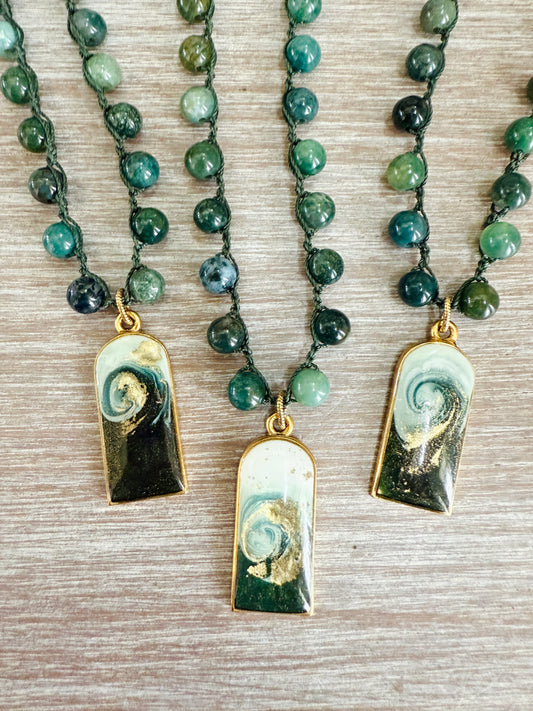 Green Wave Handmade Pendant And Crocheted Strand of Aventurine Stones