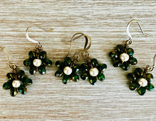 Beach Bloom Crystal Earrings In  Golden Forrest Green
