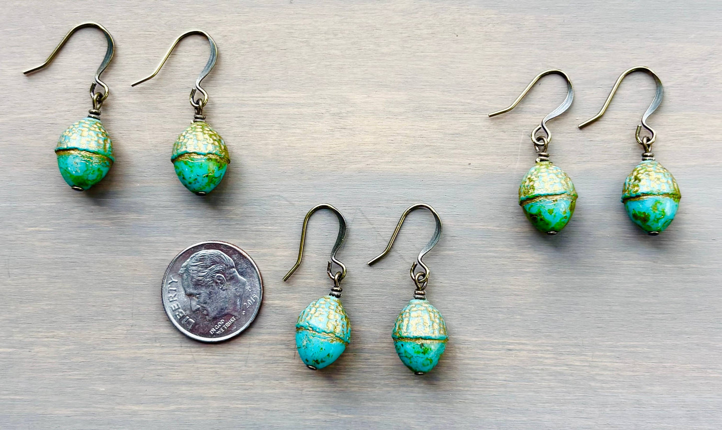 Antiqued Acorn Drop Earrings In Shimmering Aqua