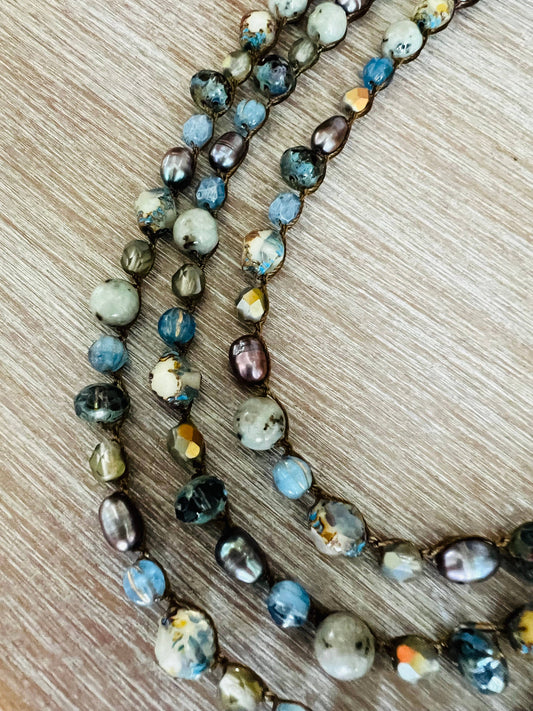Denim Beach Wrap Crocheted Necklace With Stones And Pearls