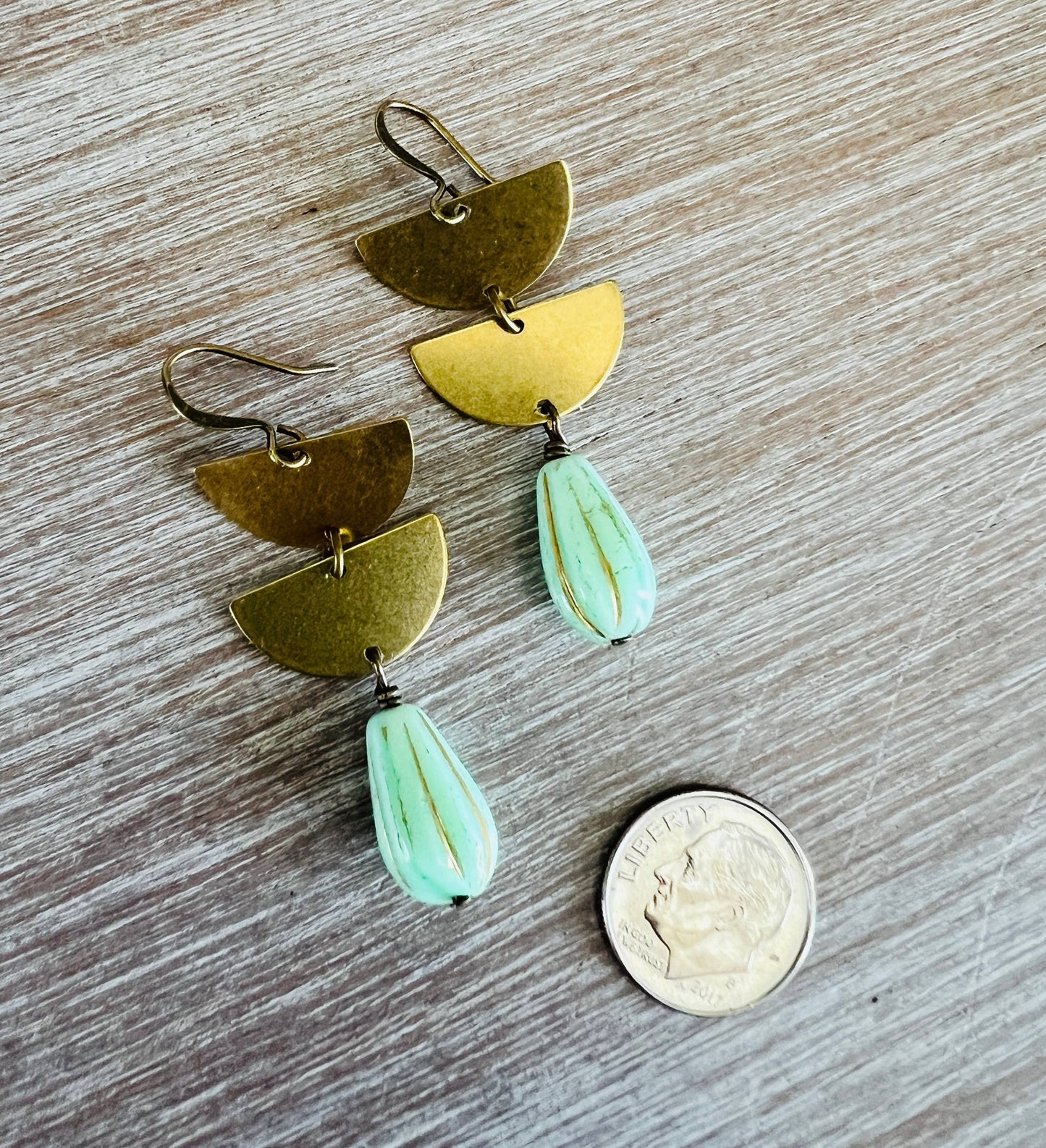 Double Half Moon Earrings With Mint Crystal Drop