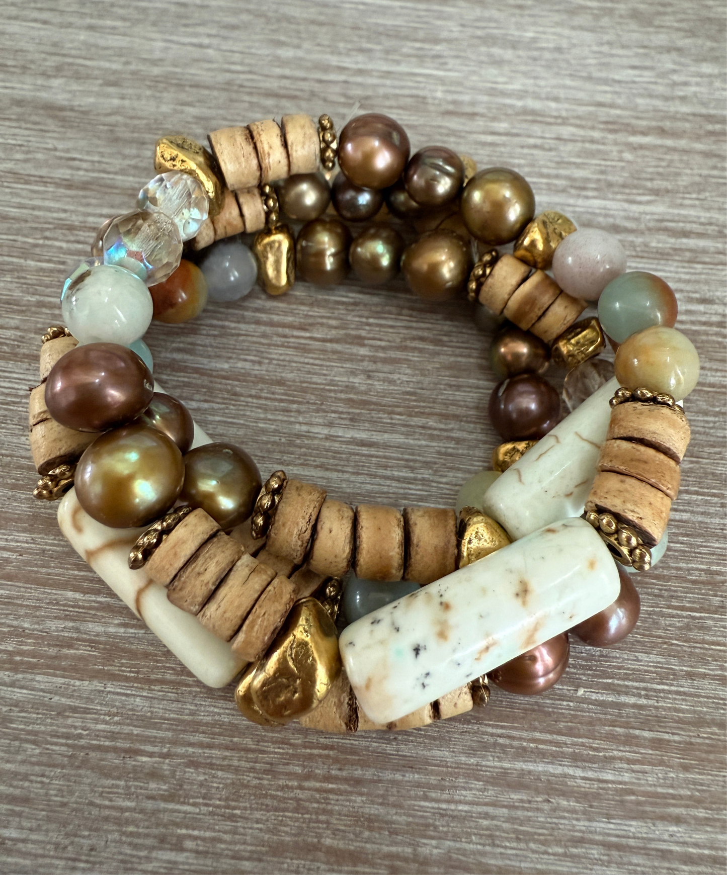 Semi Precious Stone And Freshwater Pearl Stretch Bracelet