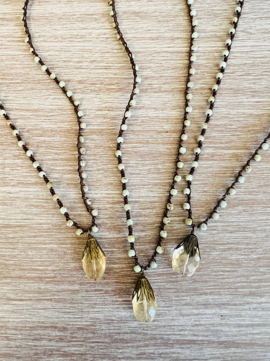 Faceted Citrine Necklace With Sandy Green Czech Crystal