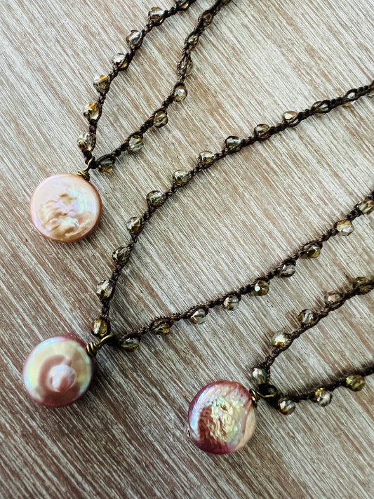 Crocheted Necklace With Freshwater Coin Pearl In Blush Pink