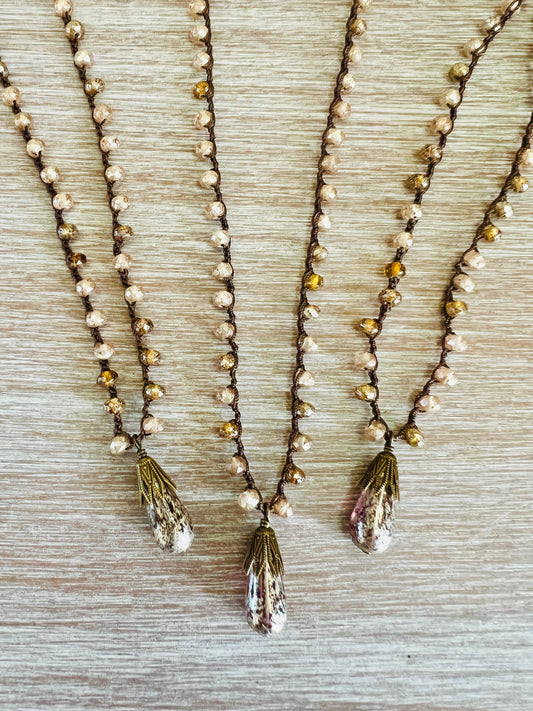 Golden Peach Shimmer Drop Crocheted Necklace, Artisan Made