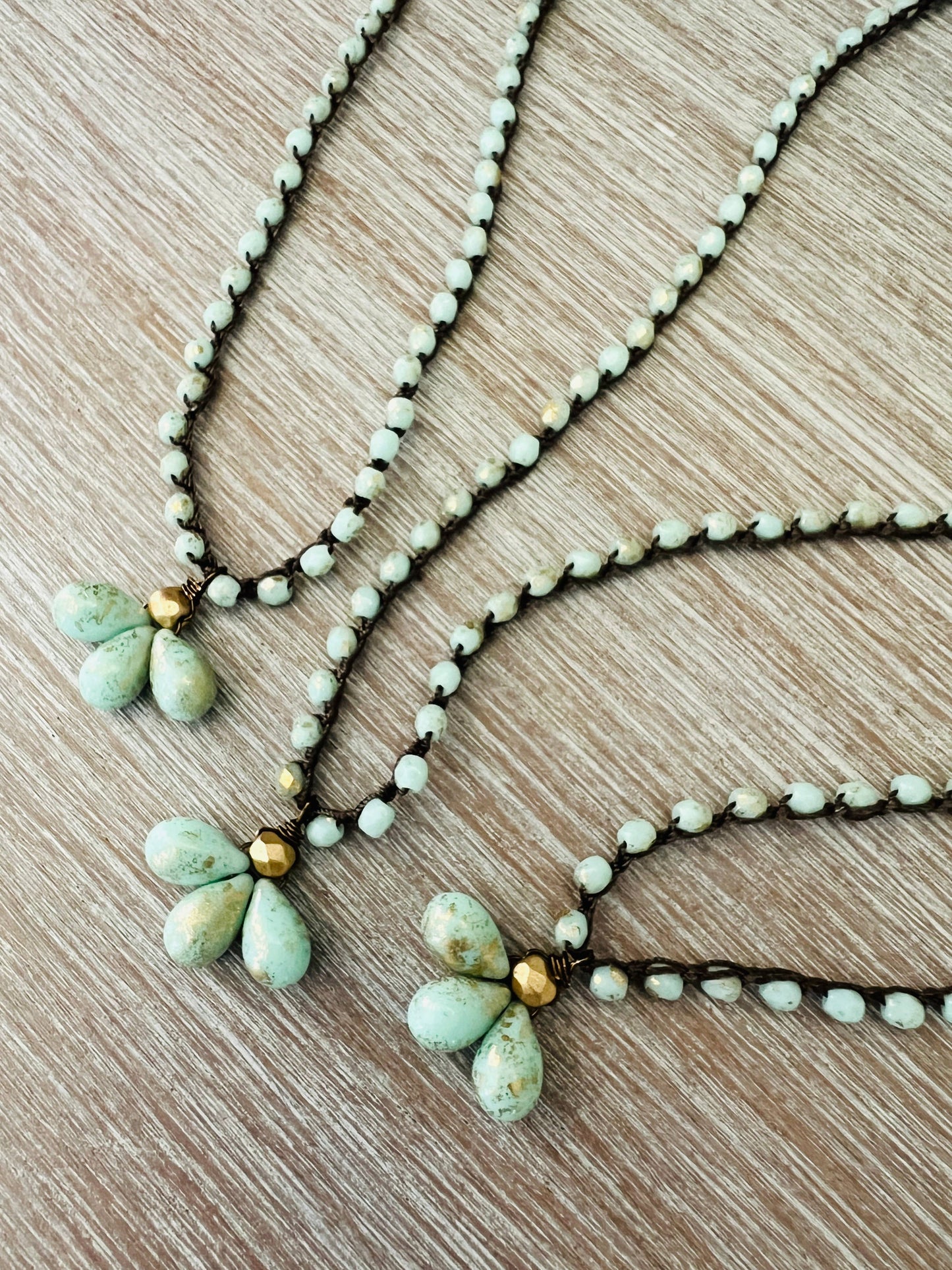 Triple Mint Drop Necklace With Knotted Crystal