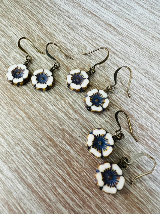 Pressed Glass Crystal Flower Earrings In Ivory And Denim