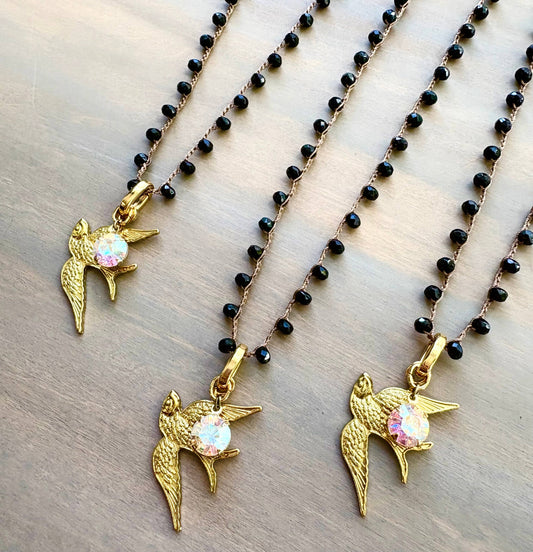 Fly Away Bird Necklace, Long Black With Crystal Gem