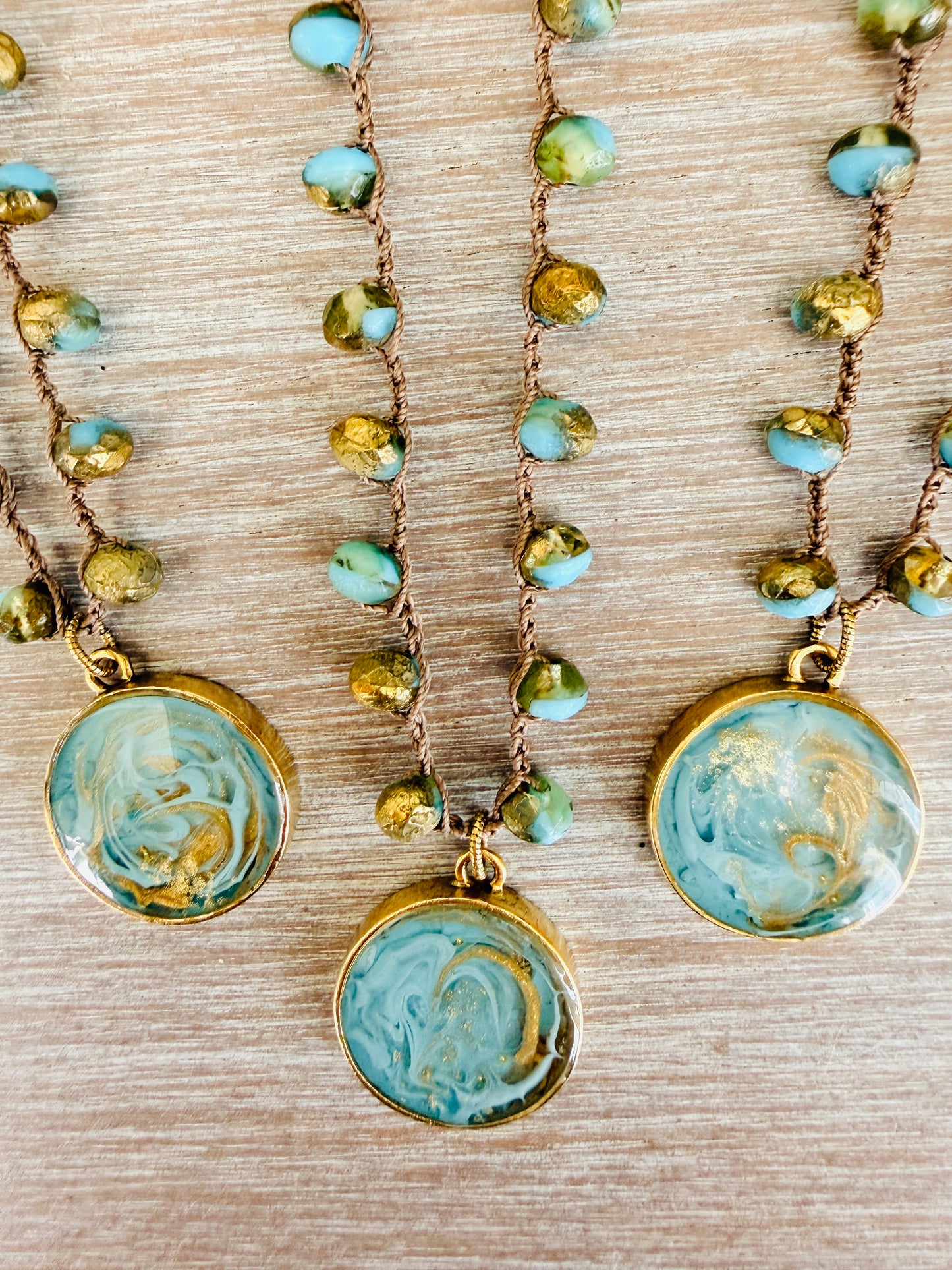 Golden Sea Portal Handmade Pendant And Crocheted Czech Crystal Necklace