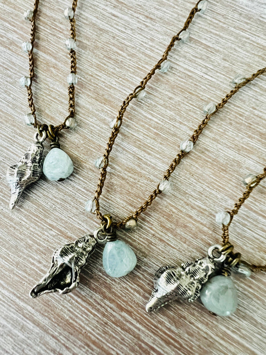 Ocean Treasure Conch Seaside Charm Necklace With Aquamarine