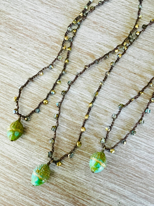 Earthy Glass Forest Acorn Necklace In Beautiful Spring Green