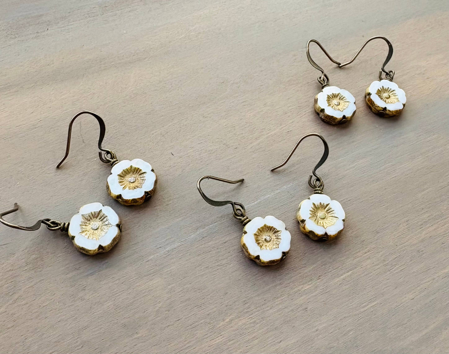 Golden Ivory Pressed Glass Crystal Flower Earrings 