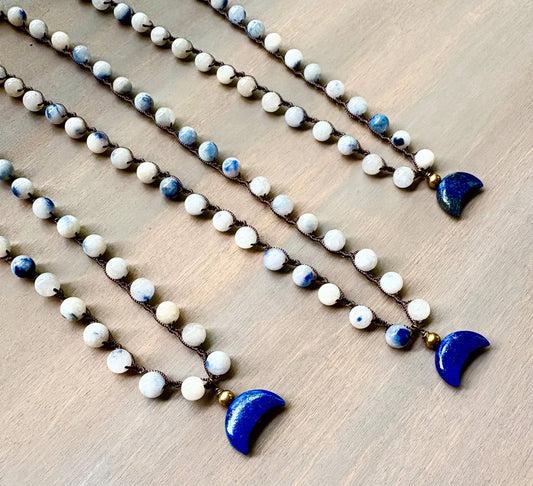 Lapis Lazuli Crescent and Knotted Quartz Stone Necklace 