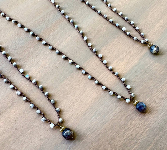 Grey Shimmer Crocheted Crystal Necklace With Iolite Drop