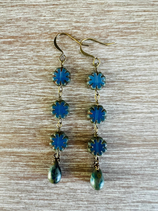 French Blue Triple Flower Drop Earrings