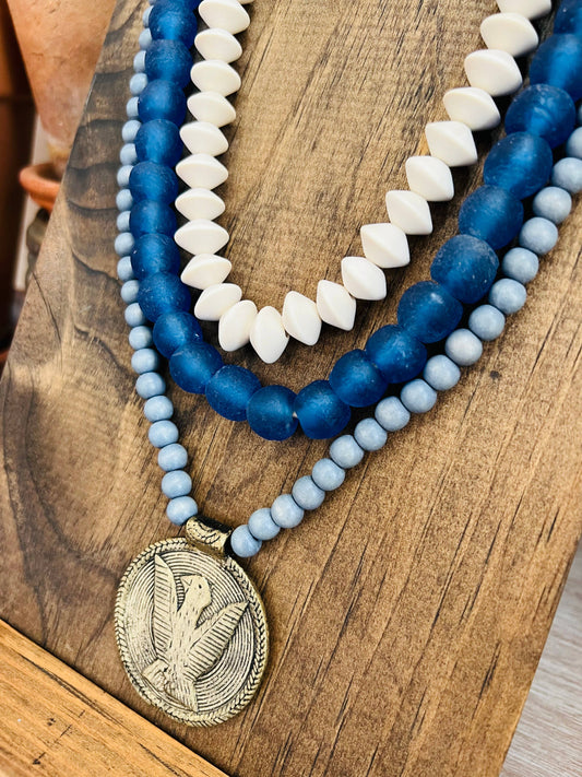 Cobalt And Denim Blue Sea Glass And Wood Beach Necklace Set