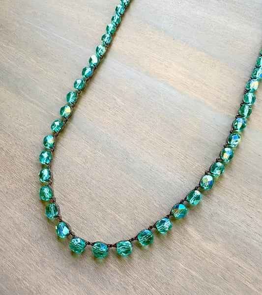 Shimmering Aqua Long Crystal Strand Necklace Layer Or Wrap 