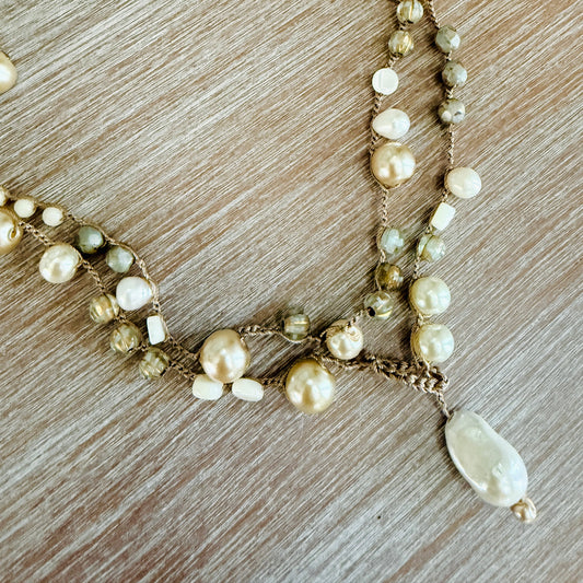 Saltwater Long Baroque Pearl Crocheted Necklace