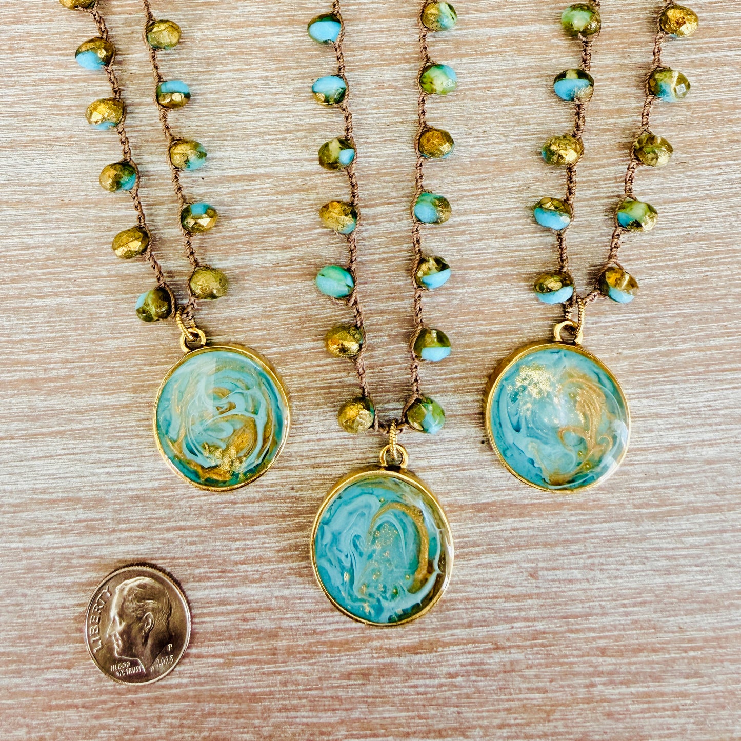 Golden Sea Portal Handmade Pendant And Crocheted Czech Crystal Necklace