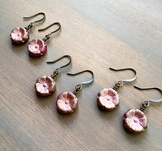 Raspberry Shimmer Pressed Glass Flower Earrings