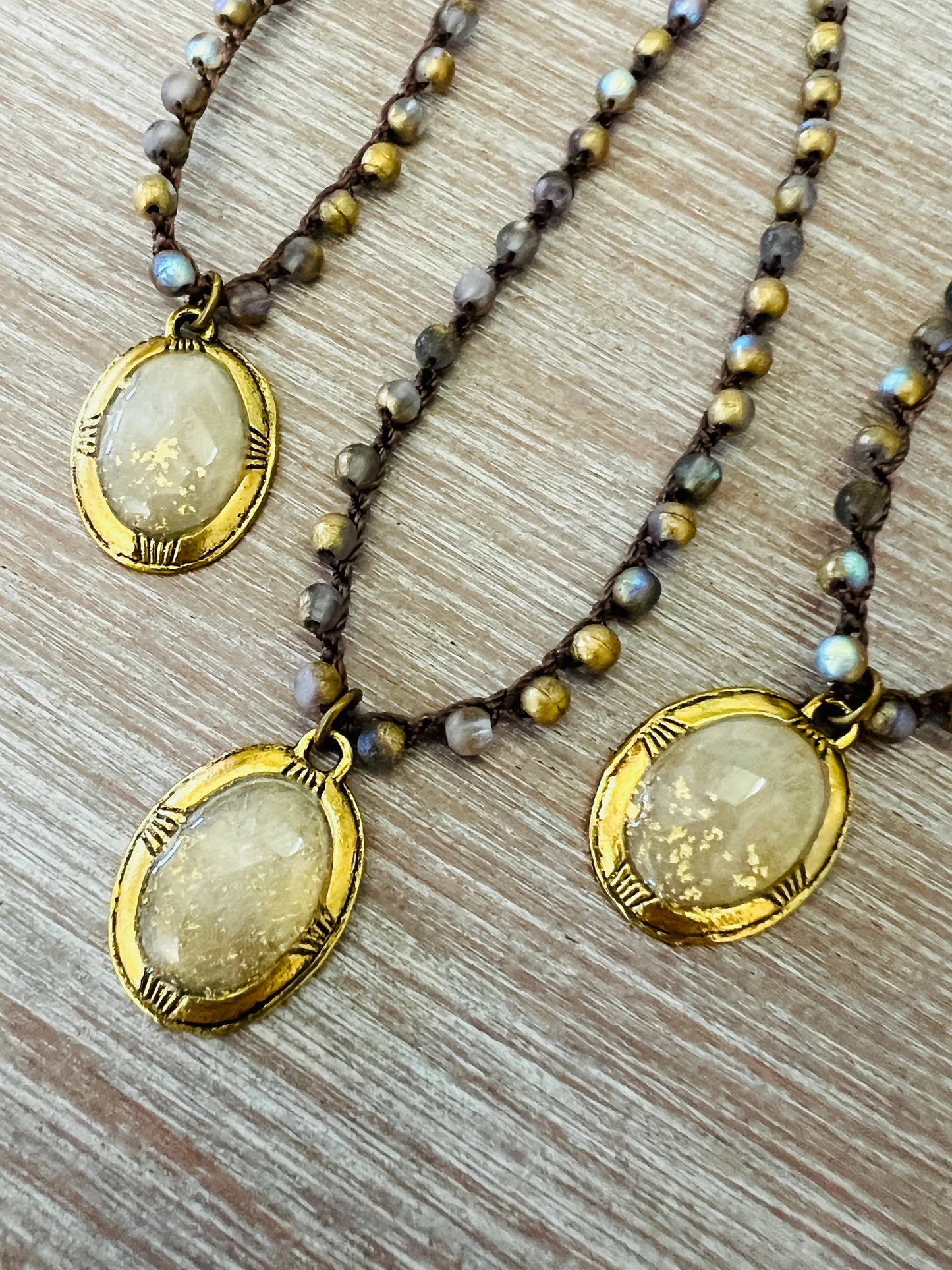 Golden Cream Seashell Portal Pendant Crocheted Necklace 