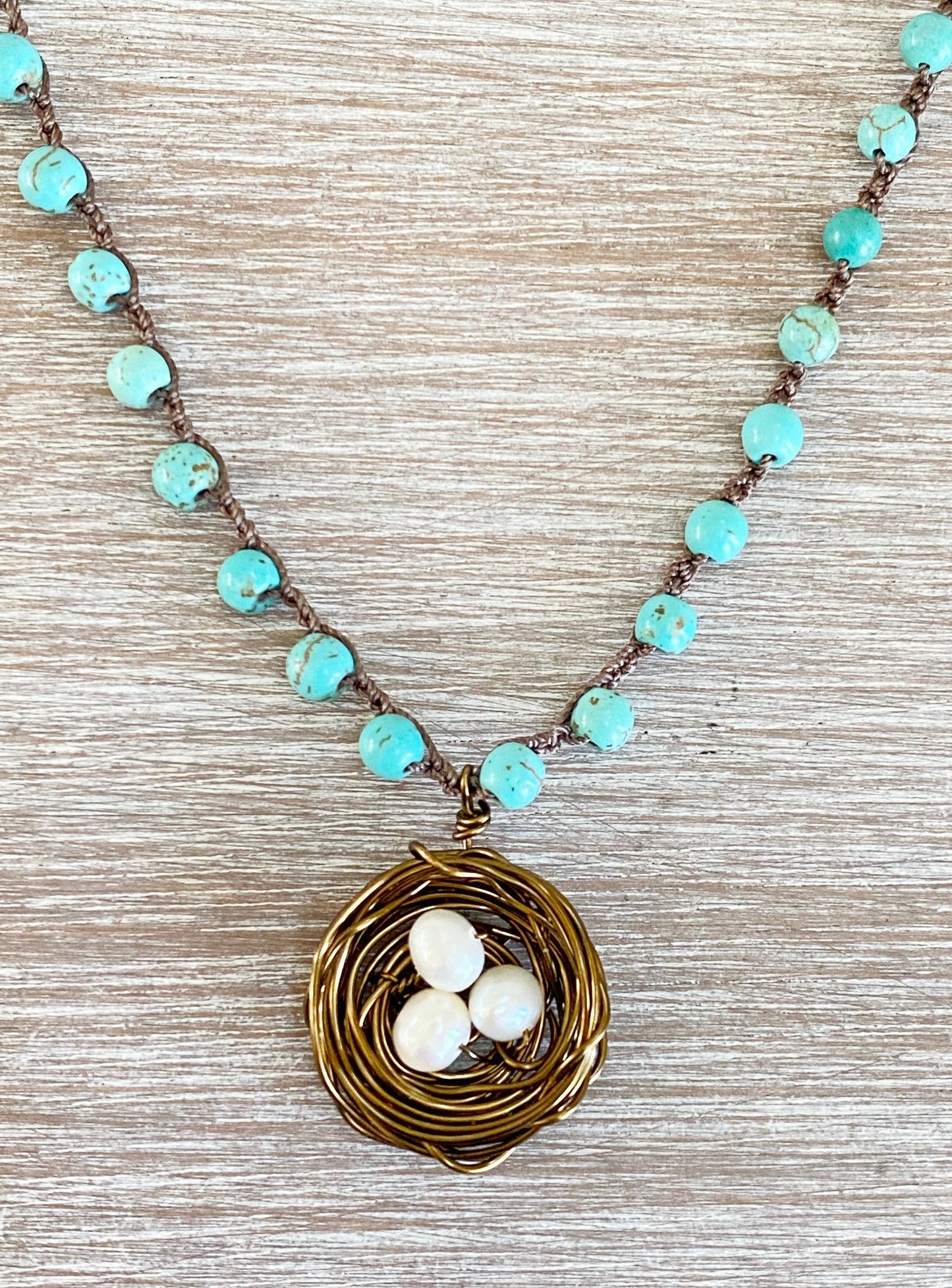 Turquoise & Freshwater Pearl Artisan Handmade Nest Necklace
