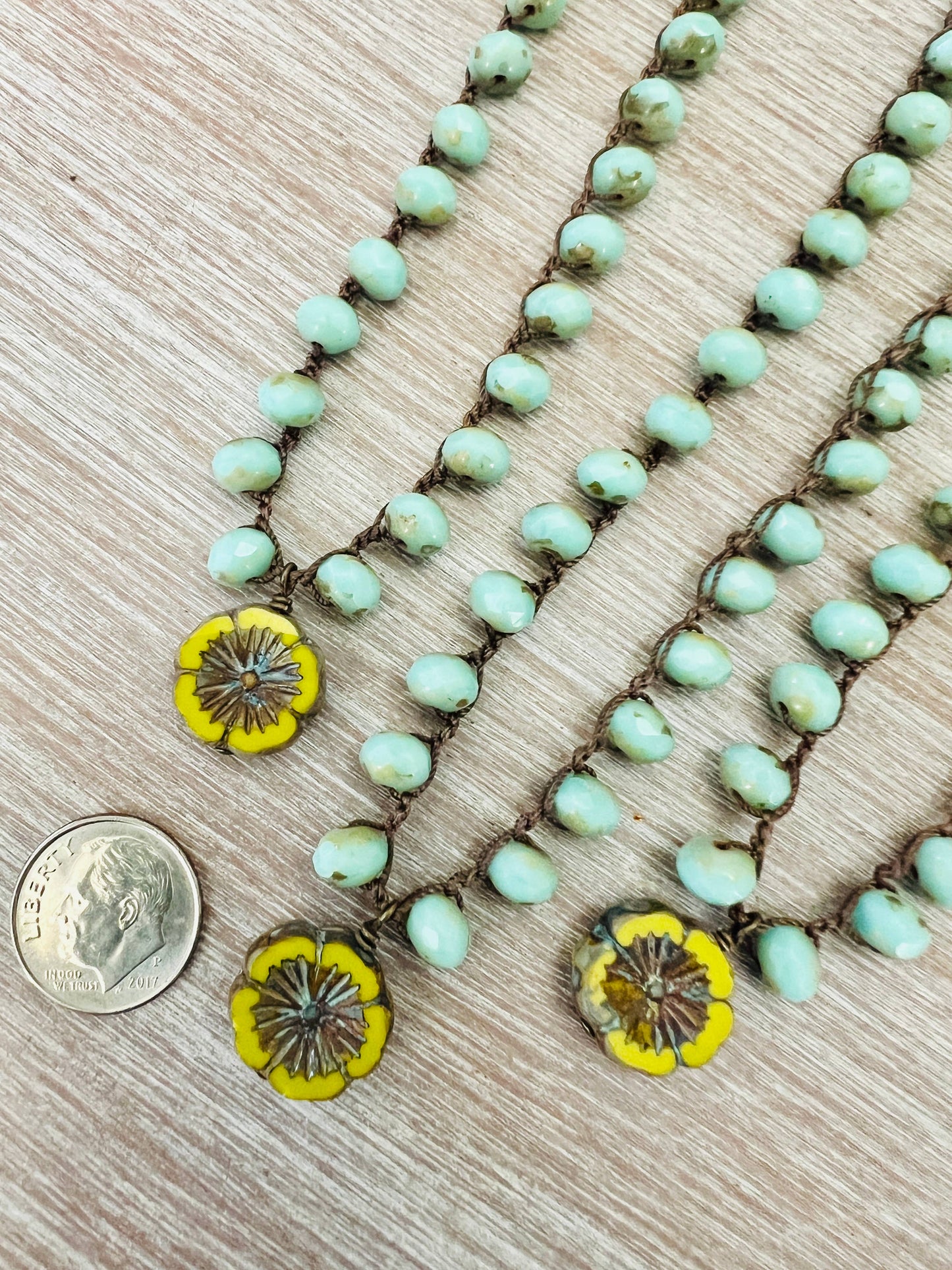 Citron Glass Flower Crocheted Necklace with Aqua Crystal
