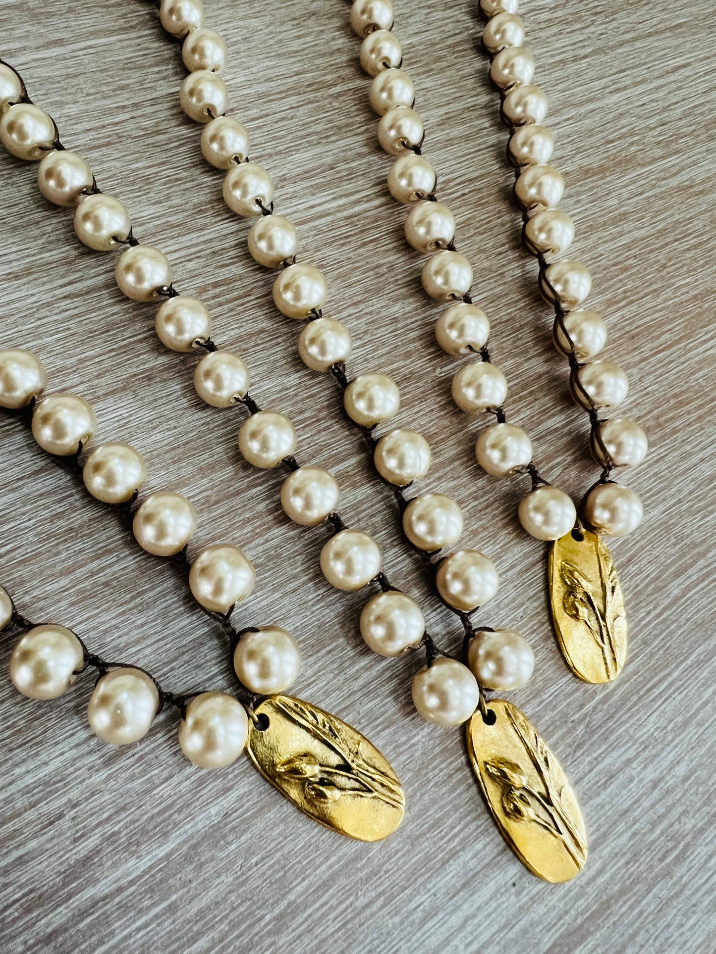 Classic Glass Pearl Necklace And Handmade Marsh Flower Charm