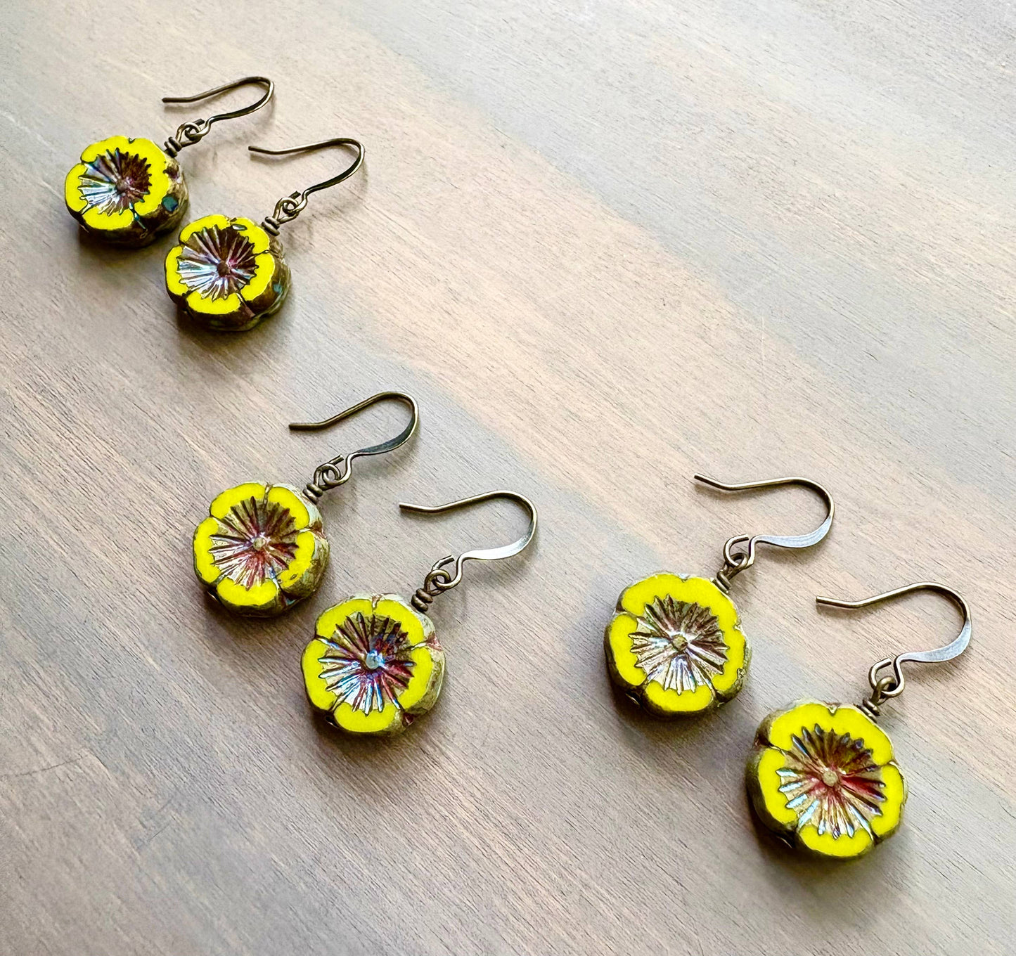 Sunshine Yellow Pressed Glass Flower Earrings