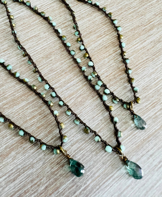 Tiny Sea Green Faceted Quartz Drop Crocheted Necklace